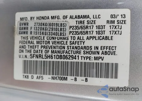 2013 Honda Odyssey Ex-L из США, поврежденный, VIN 5FNRL5H61DB062941